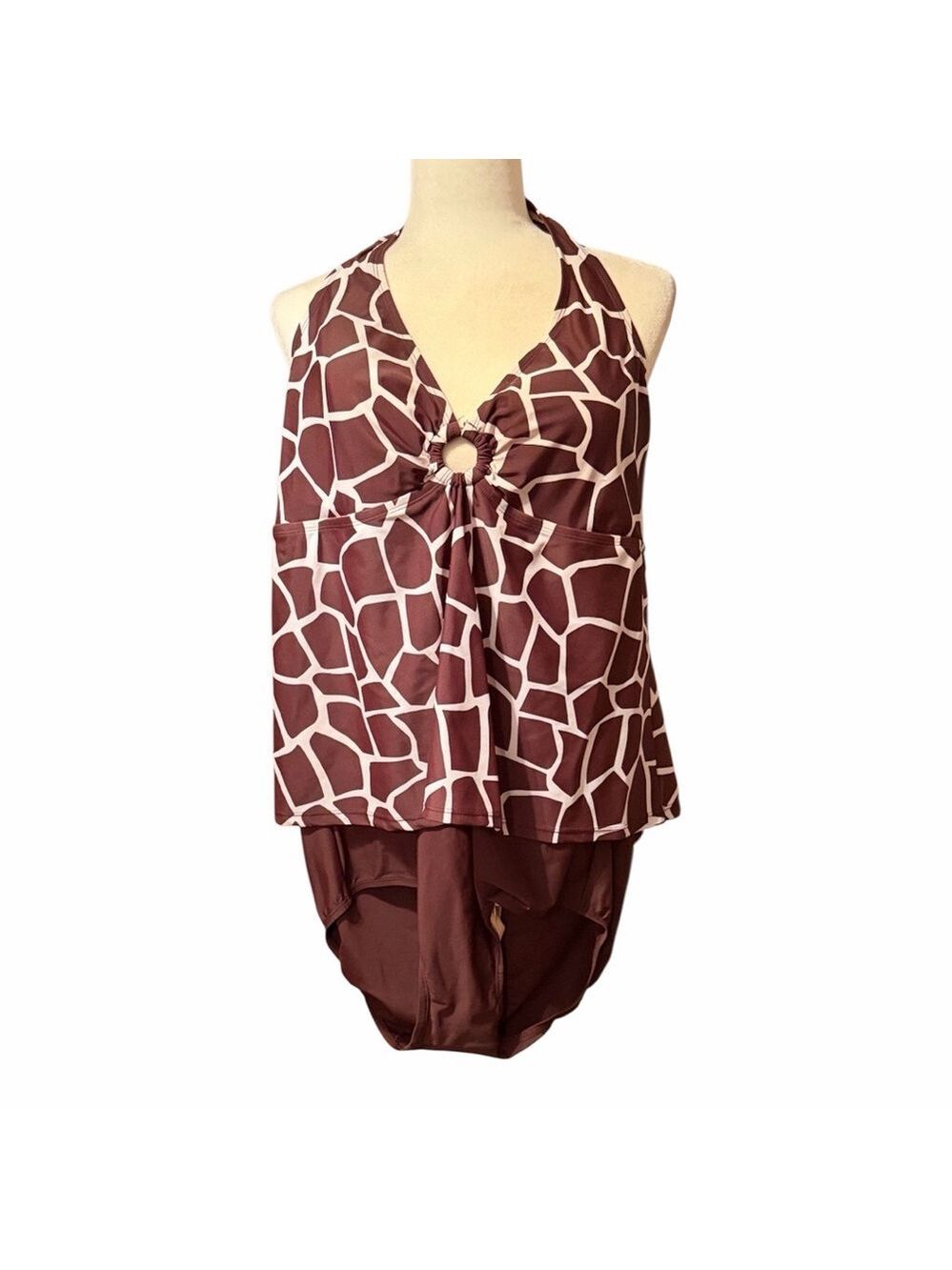 Alicia Simone Halter Swimsuit One Piece Giraffe/Animal Print Brown and White